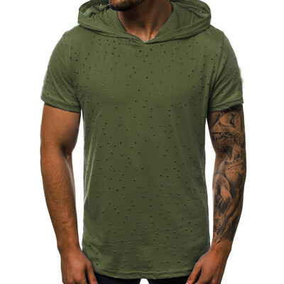 

Toponeto Mens Hooded Hole Striped Pattern Casual Fashion Lapel Short Sleeve Shirt