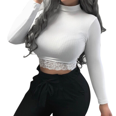 

Women Sexy Pure Color Bottoming Long Sleeve Shirt Ladies Lace High Elasticity Crop Tops