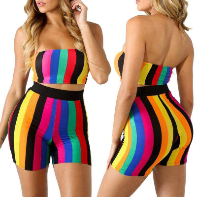 

Women Sexy Tube Strapless Crop Top&Bodycon Short Pants Clubwear 2 Piece Set