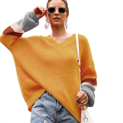 

Women Autumn Stylish Loose Color-blocked All-match V-collar Concise Long Sleeve Sweater