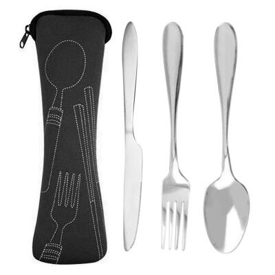 

3pcs Stainless Steel Cutlery Set Steak Knife Spoon Kit with Cloth Bag