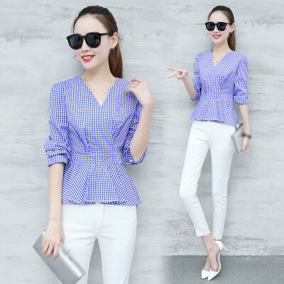 

Women Ladies Fashion Slim V-neck Tops Long Sleeve Plaid Casual Shirt Tight Soft