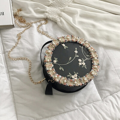 

2019 new wild portable small round bag female chic embroidered Sen fairy neem bag lace chain shoulder bag