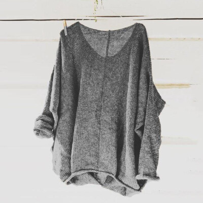 

Women Boho Casual loose V-neck Knitted Pullover Plus Size T-shirt Tops Solid