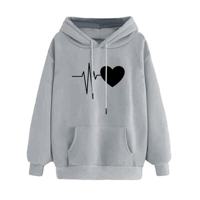 

Casual Heartbeat Print Solid Color Hoodies Women Long Sleeve Hooded Sweatshirt
