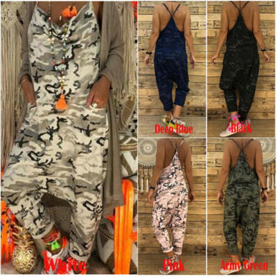 

2XL Women Camouflage Cotton Linen Jumpsuit Playsuit Baggy Romper Trousers