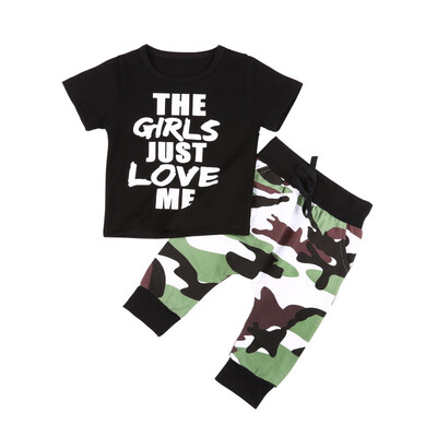

2pcs Summer Baby Boys Clothes Set Girls Just Love Me Print Short Sleeve T-ShirtCamouflage Trousers Set For 1-4Y