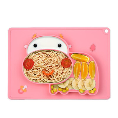 

One-piece Silicone Placemat Cartoon Hippo-shaped Heat-resistant Baby Food Plate Mat with 3 Separated Placement for Toodlers Kids