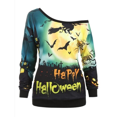 

Tailored Womens Loos Cute Long Sleeve Halloween Pumpkin BatFace Skew Neck Sweatshirt