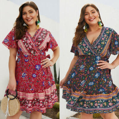 

Women Wrap Summer Boho Floral Mini Print Dress Ladies Holiday Beach Plus Size AU