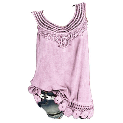 

Nomeni Women O-Neck Sleeveless Pure color Lace Plus Size Vest Tops Loose T-Shirt Blouse