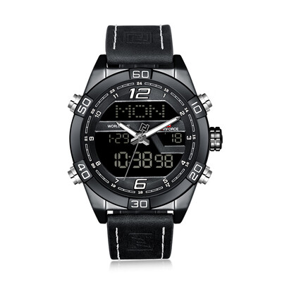 

NAVIFORCE NF9128 Luxury Brand Watch Life Waterproof Quartz Wrist Watch Male Genuine Leather Watch LED Display Watch