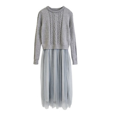 

Dress 2018 spring&autumn wear new womens Korean long-sleeve knitted sweater false two in the bottom of the long net gauze