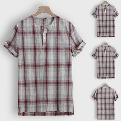 

Toponeto Fashion Mens Casual Button Hawaii Plaid Print Beach Short Sleeve Top Blouse