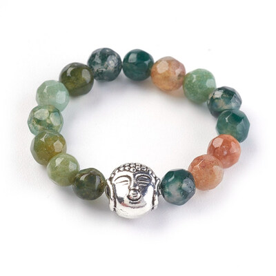 

Natural Indian Agate Strech Rings with Alloy Buddha Beads Faceted Round Antique Silver Size 8 18mm