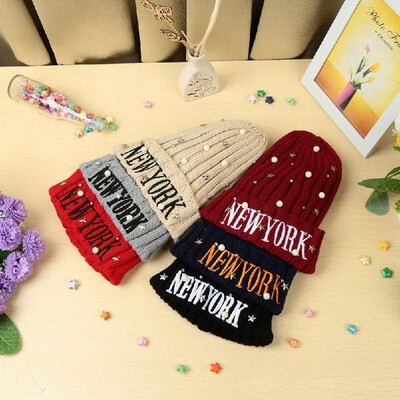 

New Unisex Women Men Beanie Hat Letter Embroidery Pearl Star Solid Warm Hip-Hop Cool Knitted Cap Headwear