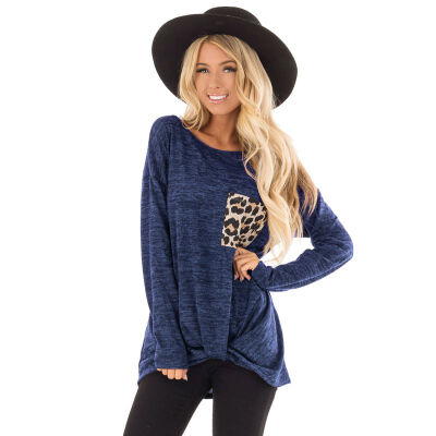 

Women Autumn Concise Casual Solid Color Leopard Pocket Tops Sweater