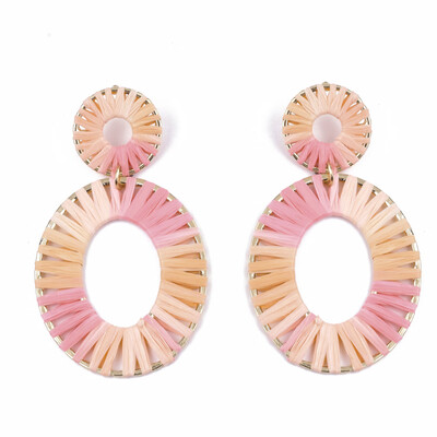 

Handmade Raffia Woven Dangle Stud Earrings with Alloy Findings Oval Colorful 95x535mm Pin 08mm