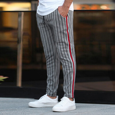 

Gobestart Fashion Men Casual Stripe Print Drawstring Elastic Waist Long Pants Trousers