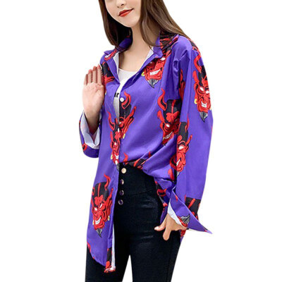 

Cartoon Print Casual Shirt Loose Single-breasted hip hop streetwear Lapel Blouse Full Printing Long Sleeves