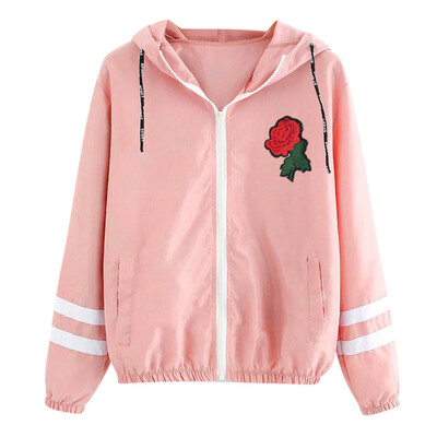 

Toponeto Women Long Sleeve Rose Thin Skinsuits Hooded Zip Floral Pockets Sport Coat