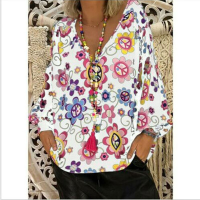 

Women Long Sleeve Boho Floral T Shirt Casual V Neck Tops Loose Blouse Summer