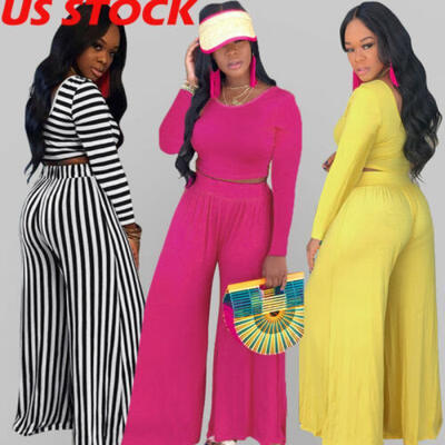 

US Women Crop Top Blouse Pants Two-piece Playsuit Bodysuit Jumpsuit Romper Set
