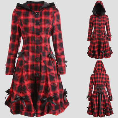 

Toponeto Fashion Womens Casual Lace Up Hooded Plaid Trench Coat Jacket Outwear Tops