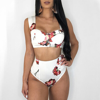 

Roseonmyhand Womens 2 Piece Rose Print Solid Color Top Bottoms Bikini Set Swimwear Swimwear