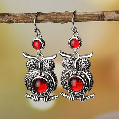 

Retro Owl Faux Ruby Inlaid Metal Women Drop Dangle Hook Earrings Jewelry Gift