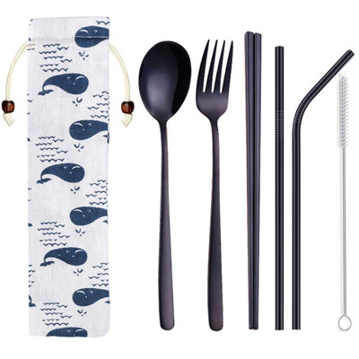 

Portable Travel Dinneware Set Stainless Steel Spoon Straws Chopsticks Fork Set With Linen Bag Kitchen Tableware
