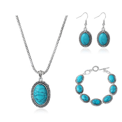 

Fashion Accessories Antique Jewelry Three Sets Of Oval Blue Turquoise Earrings Bracelet Necklace sets For Women