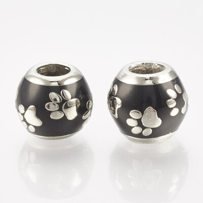 

Brass Enamel European Beads Large Hole Beads Rondelle with Dog Paw Prints Black Real Platinum Plated 12x11mm Hole 5mm