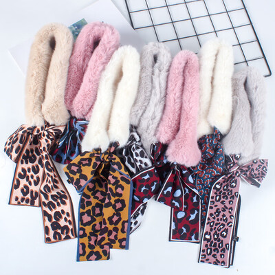 

2018 autumn&winter Korea chic wind leopard streamer plush scarf bib rex rabbit fur ribbon bow tie fur collar collar