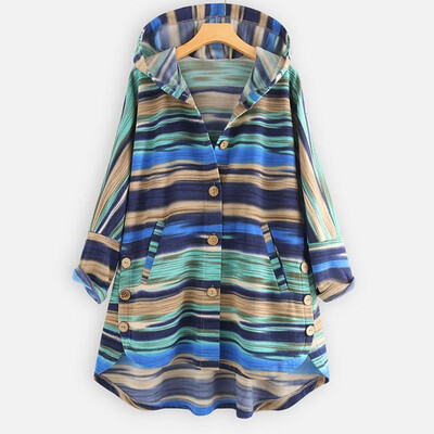 

Tailored Womens Plus Size Patchwork Button Outwear Stripe Lady Hoodie Top Sweater Blouse