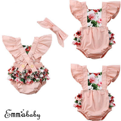 

Toddler Infant Girl Floral Jumpsuit Romper Bodysuit Headband Clothes Outfit