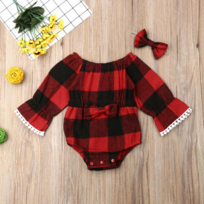 

US Newborn Baby Girl Plaid Bowknot Romper Jumpsuit Bodysuit Headband Clothes Set