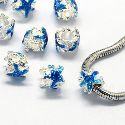 

Enamel Alloy European Beads Large Hole Beads Starfish Silver DodgerBlue 10x95mm Hole 45mm
