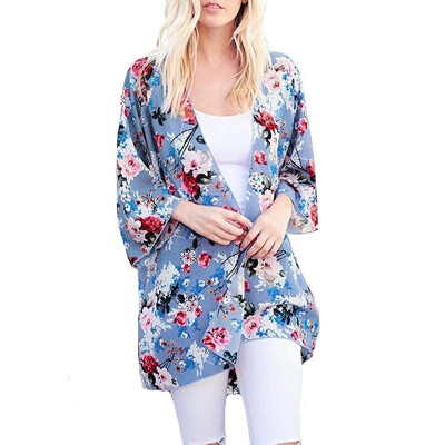 

New Summer Women Chiffon Kimono Floral Print 34 Sleeve Cardigan Boho Beachwear Bikini Cover Up