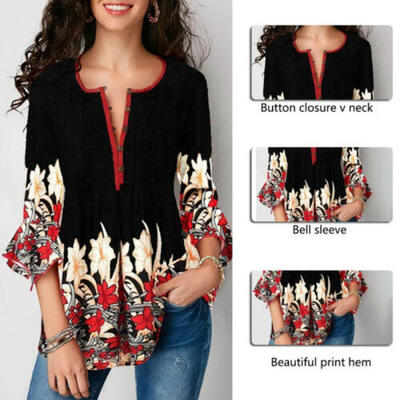 

Women V Neck Peasant Tops Blouses Pleated T-Shirts Summer 34 Sleeve Tunic Shirt