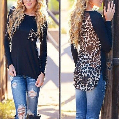 

New Autumn Womens Chiffon Leopard Loose Long Sleeve Blouse Tee-Shirt Casual Tops