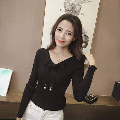 

Autumn Casual Solid Long Sleeve Women Bow Button T-Shirt Fashion Elegant V-Neck Knitted Slim Tops Knitwear