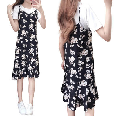 

2pcs Women Solid Color O-neck Short Sleeve TeesSling Floral Print Dresses