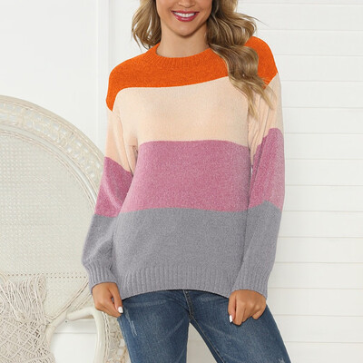 

〖Follure〗Women Casual O-Neck Pullover Patchwork long Sleeve Knitted Loose Sweater Tops