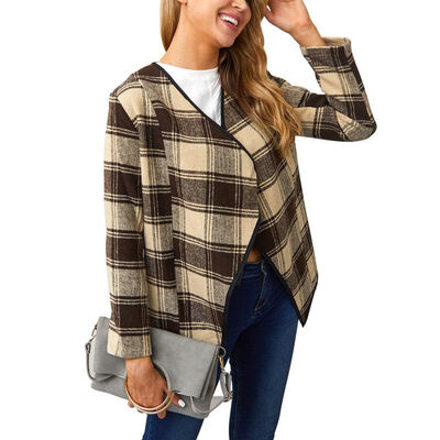 

Women Autumn Fashion Concise Plaid Outwear Long Sleeve Lapel Loose All-match Personality Jackets