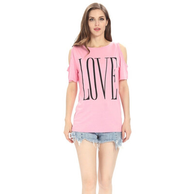 

LOVE Letter Print Off Shoulder Short Sleeves O-neck Casual T-shirt Female Summer Loose Women Tops WhiteBlackGrayPink