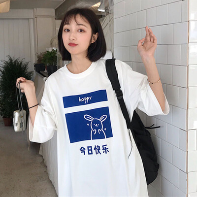 

WomenWhite T-shirt Summer Cotton Chinese Character Print O-neck short sleeve tee shirt femme loose Top