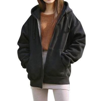 

Toponeto Women Hooded Fleece Long Sleeve Loose Casual Zip Pockets Solid Jacket Coat