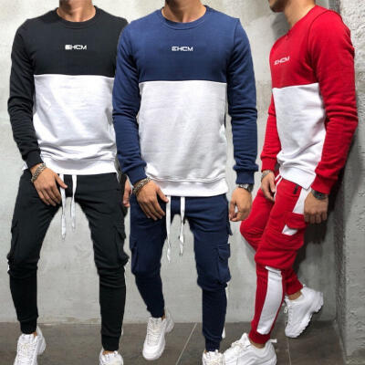 

Men Casual Sweatshirt Autumn Winter O Neck Patchwork Pullover Warm Top&Sweatpants