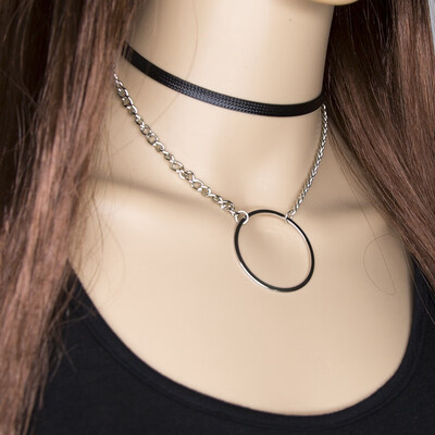 

HHYDE New Fashion Jewelry Black Leather Choker Necklaces For Women Punk Circle Round Hollow Multi-layer Clavicle Necklaces